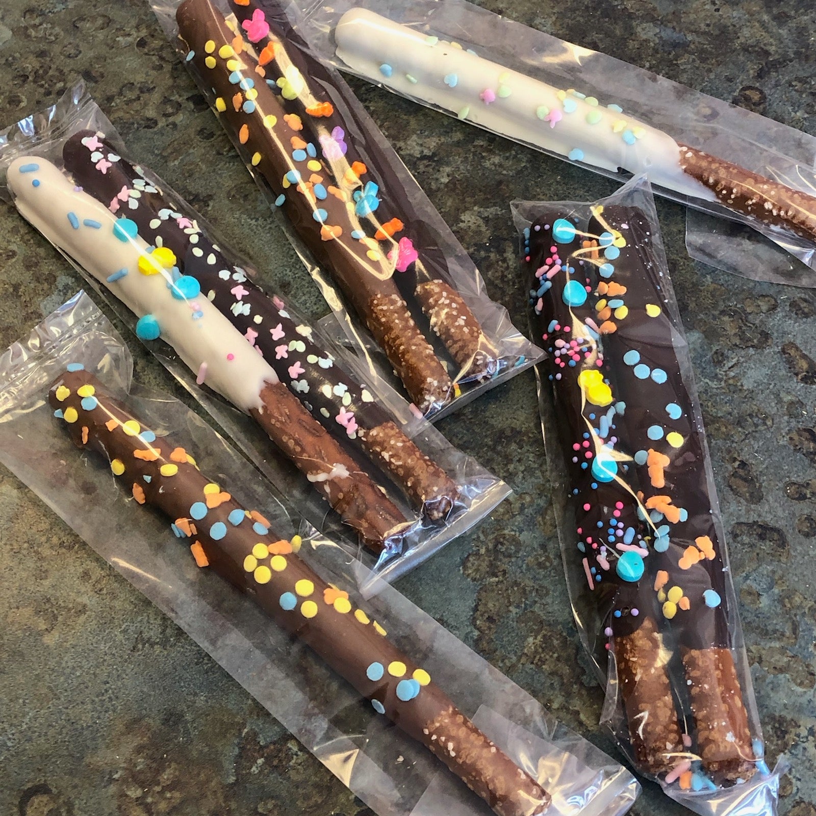 Easter chocolate dipped pretzel rod